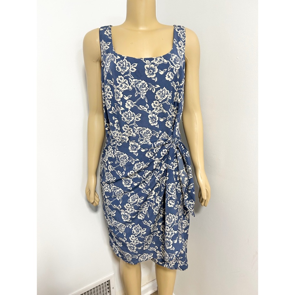 Basic Editions Vintage Blue Floral Sarong Wrap Sheath Dress Size 14 Sleeveless